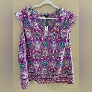 Talbots Purple Blouse with Blue and White Patterns